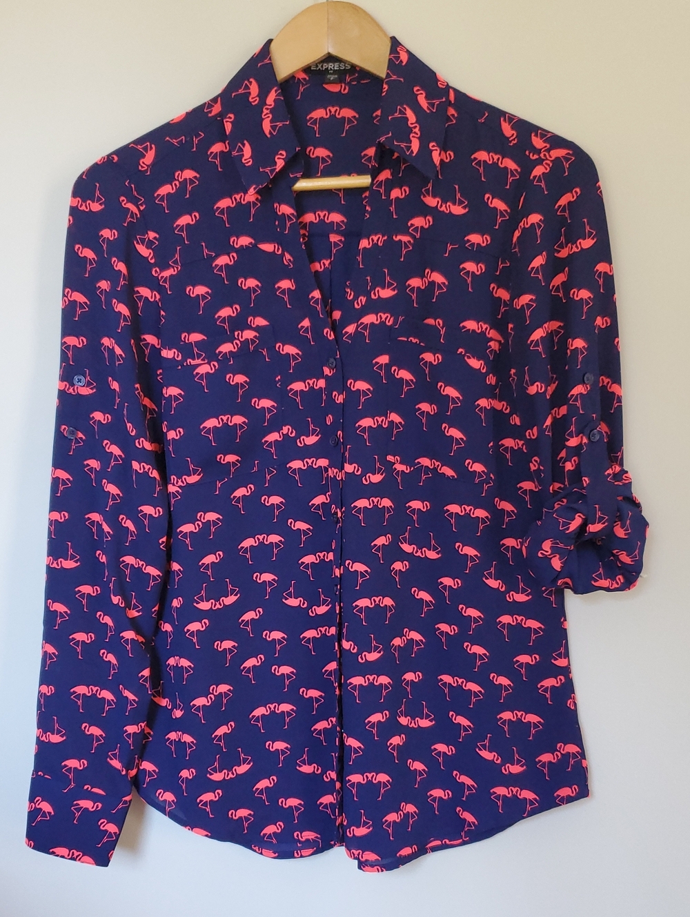 NWOT Express Navy Shirt with Neon Pink Flamingo Print